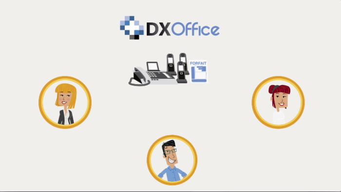 Ilustração de 3 pessoas dentro de medalhões e de alguns dispositivos eletrônicos com a logo DX Office acima