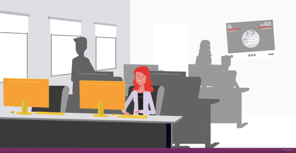 Ilustração de um ambiente de trabalho com uma mulher jovem sentada na frente de um desktop trabalhando