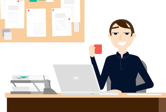 Ilustração de um homem jovem atrás de uma mesa de escritório tomando café e mexendo no laptop