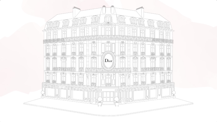 Ilustração de um prédio simplificado graficamente com o nome Dior em uma fachada em cima da porta de entrada