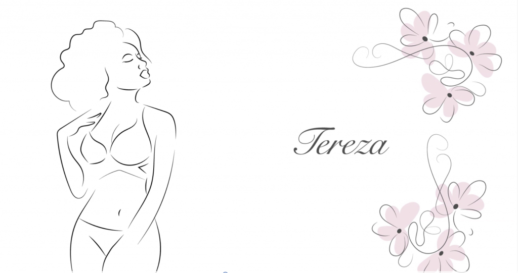 Ilustração de uma mulher de lingerie do lado esquerda da tela e do lado direito da tela o nome da mulher e algumas flores delicadas