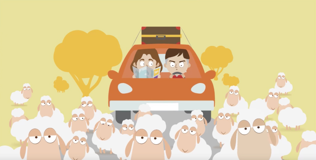 Ilustração de um casal dentro de um carro cercados por ovelhas
