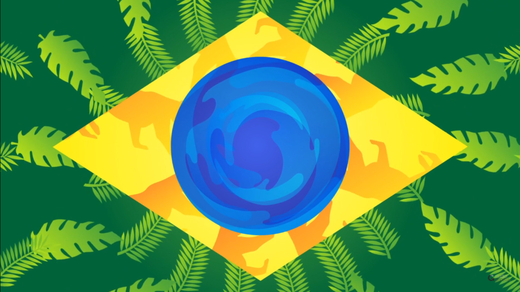 Ilustração da bandeira do Brasil com as cores representadas por suas riquezas naturais