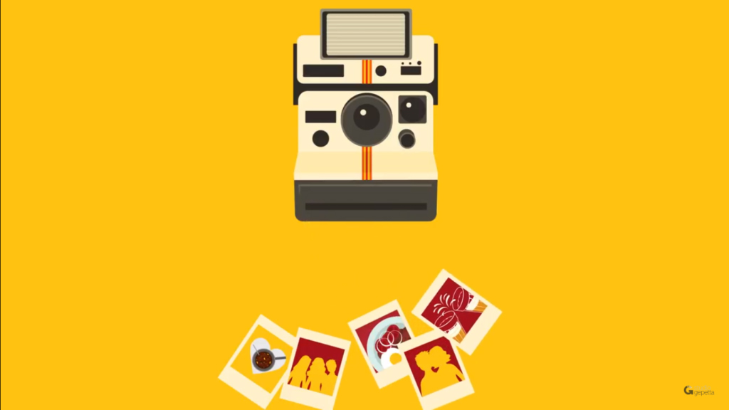 Ilustração de uma câmera Polaroid com algumas fotos abaixo