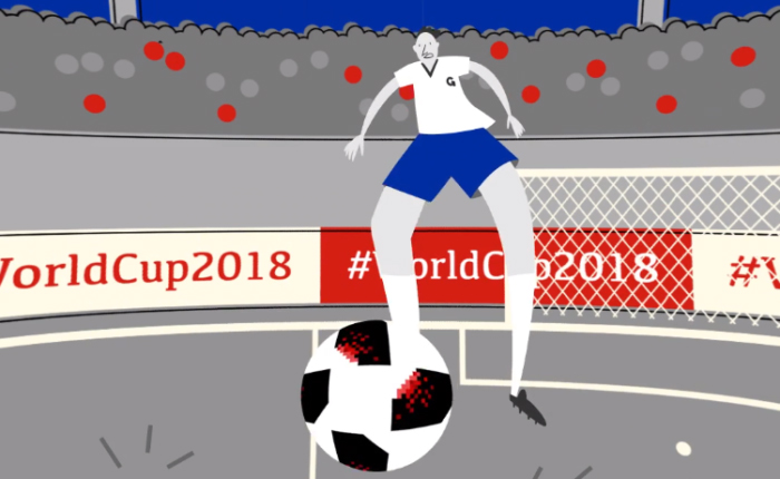 Ilustração de um jogador de futebol vestindo a camisa da equipe Gepetta em um jogo em um estádio da Copa do Mundo de Futebol 2018