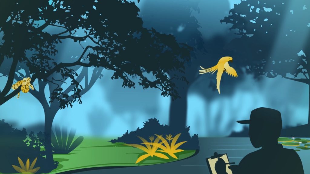 Ilustração de uma floresta com um pássaro voando e um homem sombreado
