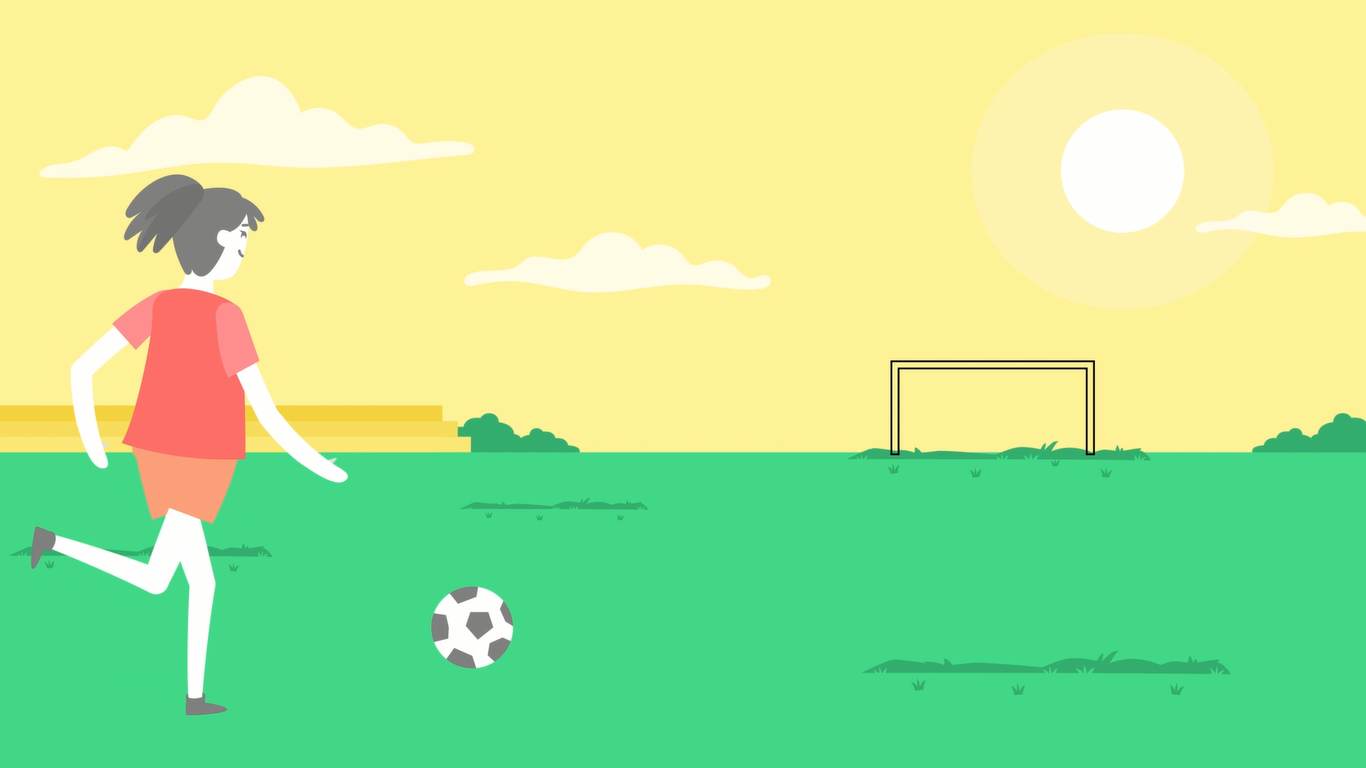 Ilustração de uma jovem mulher jogando futebol em um campo em um dia de sol