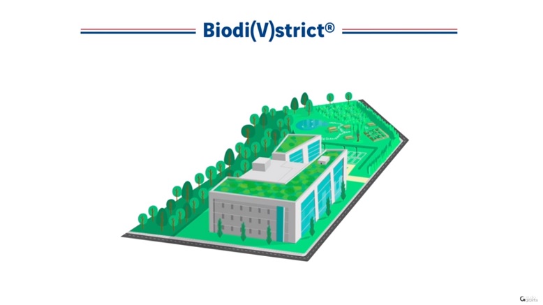 Ilustração de um prédio com teto verde ecológico e grande área verde ao redor