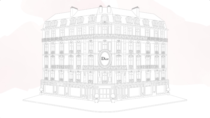 Ilustração de um prédio simplificado graficamente com o nome Dior em uma fachada em cima da porta de entrada