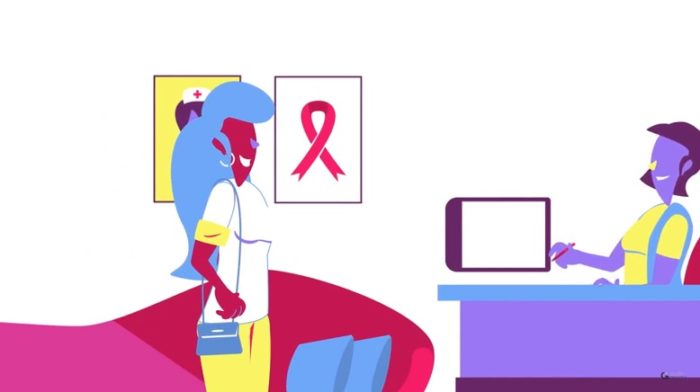 Ilustração de uma sala de espera de consultório médico, com uma cliente e uma recepcionista