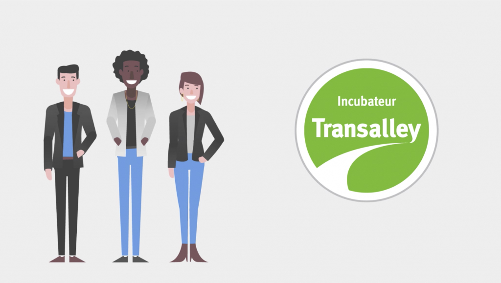 Ilustração de 3 jovens adultos, em corpo cheio, do lado esquerdo da tela, e a logo Incubateur Transalley do lado direito