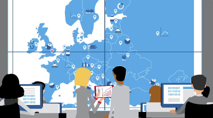 Ilustração de um sala de comando com alguns programadores de computador virados de frente para uma grande tela que mostra um mapa da Europa com vários dados estatísticos saindo de cada país