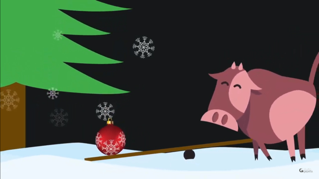 Ilustração de uma vaquinha, uma gangorra, uma bola de enfeite de Natal e uma árvore de Natal